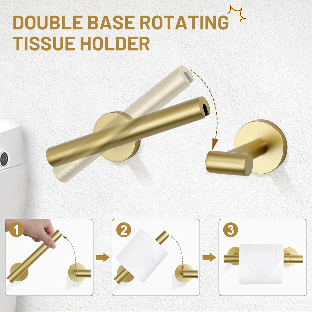 Brushed Gold 4-Pieces Towel Ring Set Include Towel Ring Double Base Toilet Paper Holder Towel Hook SUS304 Stainless