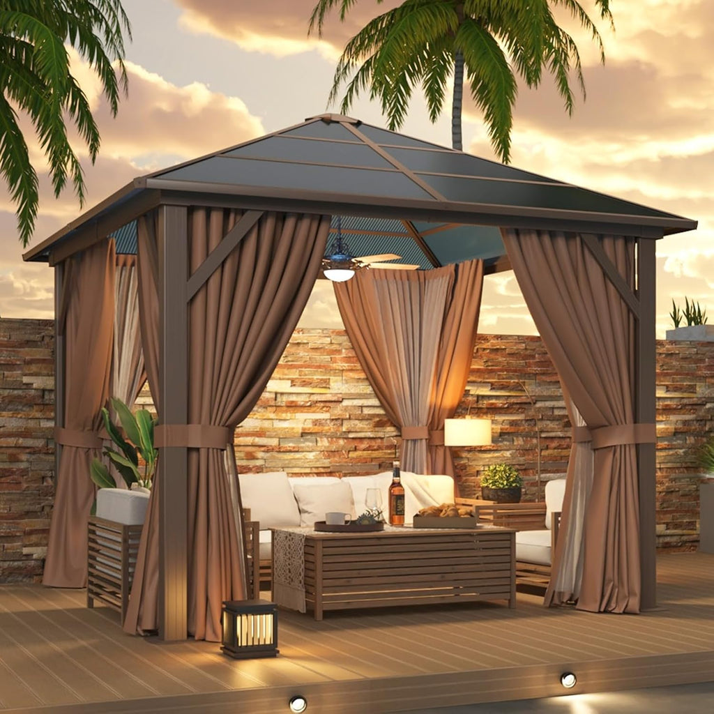 10'x10' Hardtop Gazebo, Outdoor Polycarbonate Top Canopy, Aluminum Frame Gazebo with Netting and Curtains