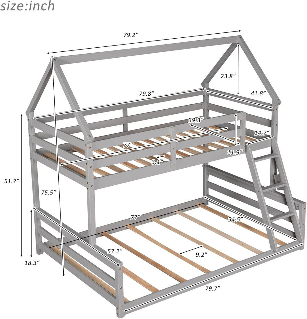 House Floor Bunk Bed with Ladder Twin Over Full,Wood Low Bunk Bed for Kids Juniors