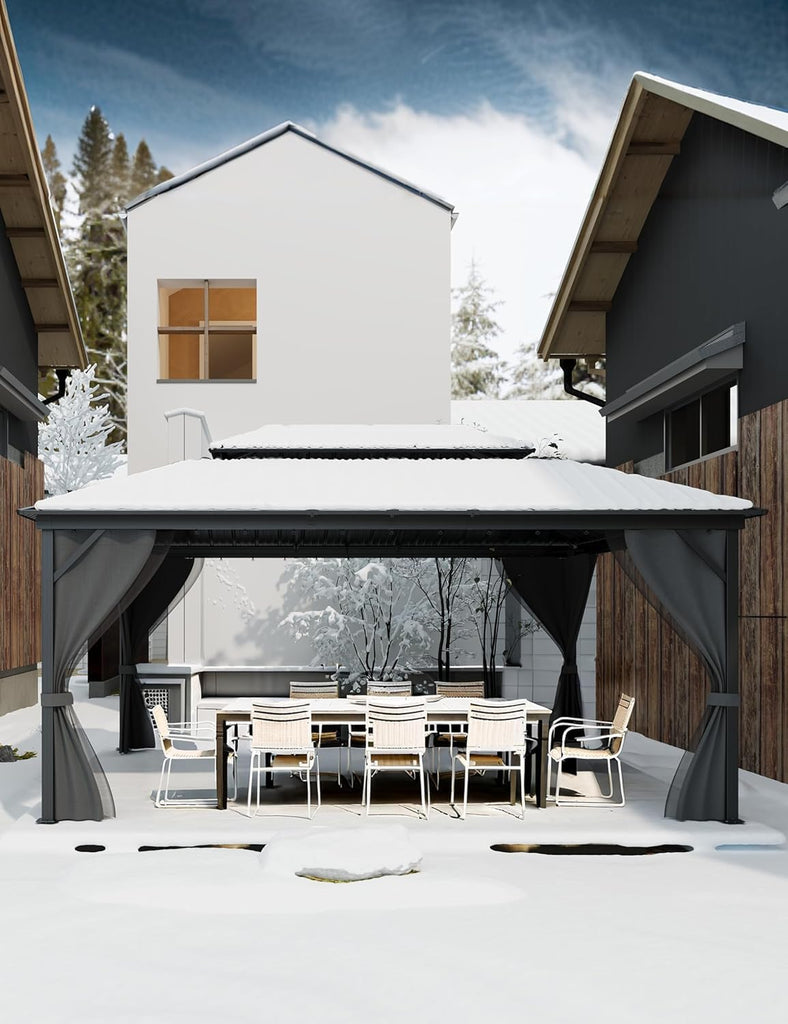 Hardtop Gazebo 12'x16' for All Weather, with Double Metal Roof, Aluminum Alloy Frame, Net, and Curtain