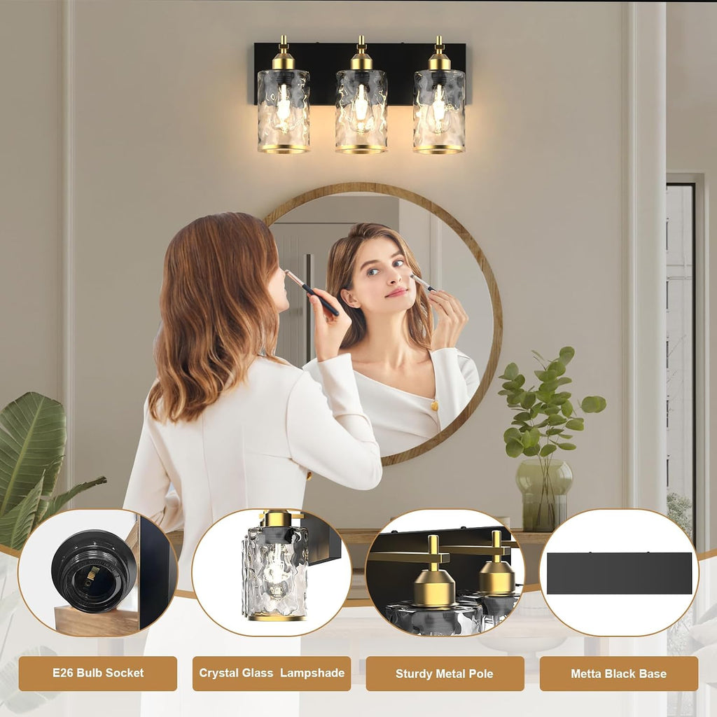 3-Light Bathroom Vanity Light Fixtures, Modern Bathroom Lighting Fixtures Over Mirror with Golden Wave Glass