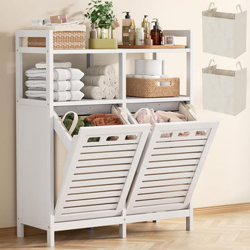 Tilt Out Laundry Hamper Cabinet, Bamboo Double Laundry Hamper with 2 Removable Laundry Baskets, 20 Gal Laundry Sorter