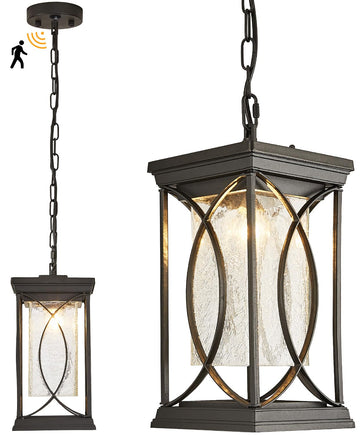 Motion Outdoor Pendant Light Fixtures Dusk to Dawn Exterior Ceiling Hanging Lantern for Porch, Modern Black Outside