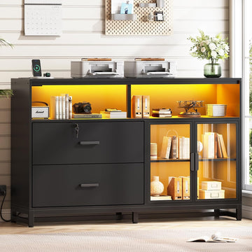 59" Filing Cabinet with Lock Drawers fits Legal Size | Black Lateral 2 Drawers File Cabinet with Acrylic Display