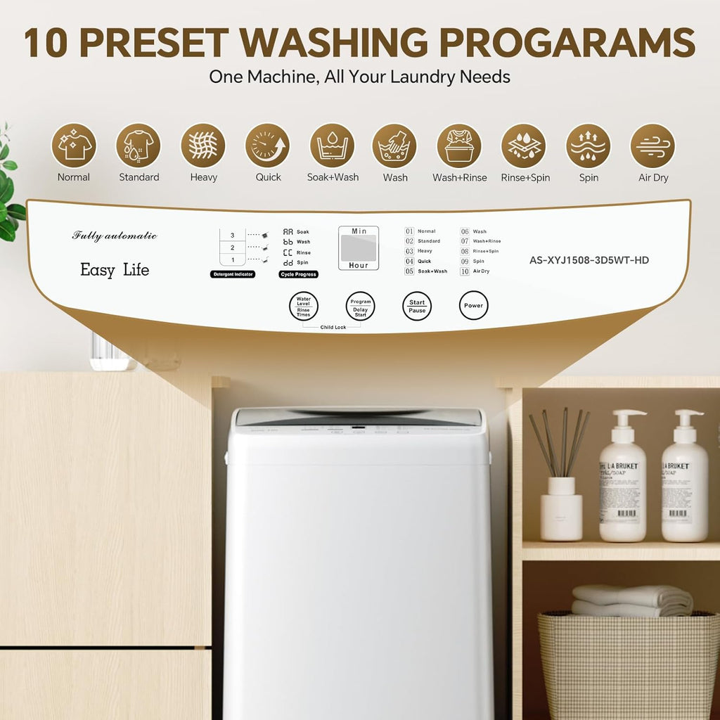 1.06 Cu.Ft. Portable Washing Machine, 7.7LBS Full-Automatic Laundry Washer with Stainless Steel Drum, 10 Wash Cycles &
