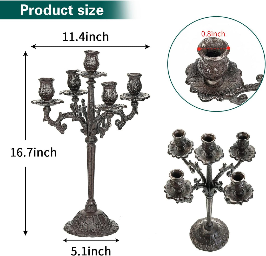 Heavy Duty Cast Iron Candlestick Holders - Handcrafted Vintage Candelabra - 17Inch Tall & 5 Arms Candle Holders
