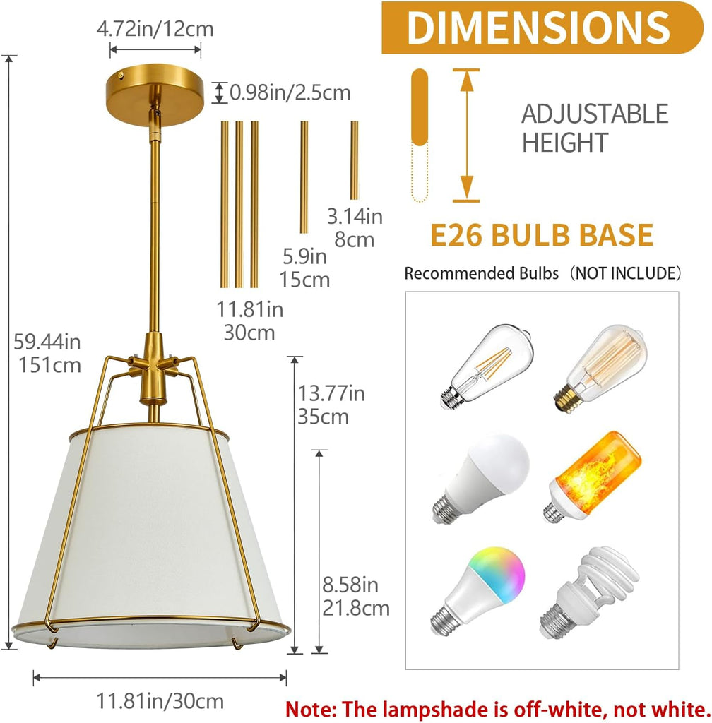 Modern Pendant Light Fixtures with 12" White Linen Fabric Shade, Adjustable Hanging Light Fixture,Drum Gold Vintage