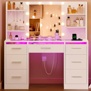 Makeup Vanity Desk with Mirror and Lights, White Vanity with Glass Top, 3 Colors LED Lights & Power Outlet, Vanity