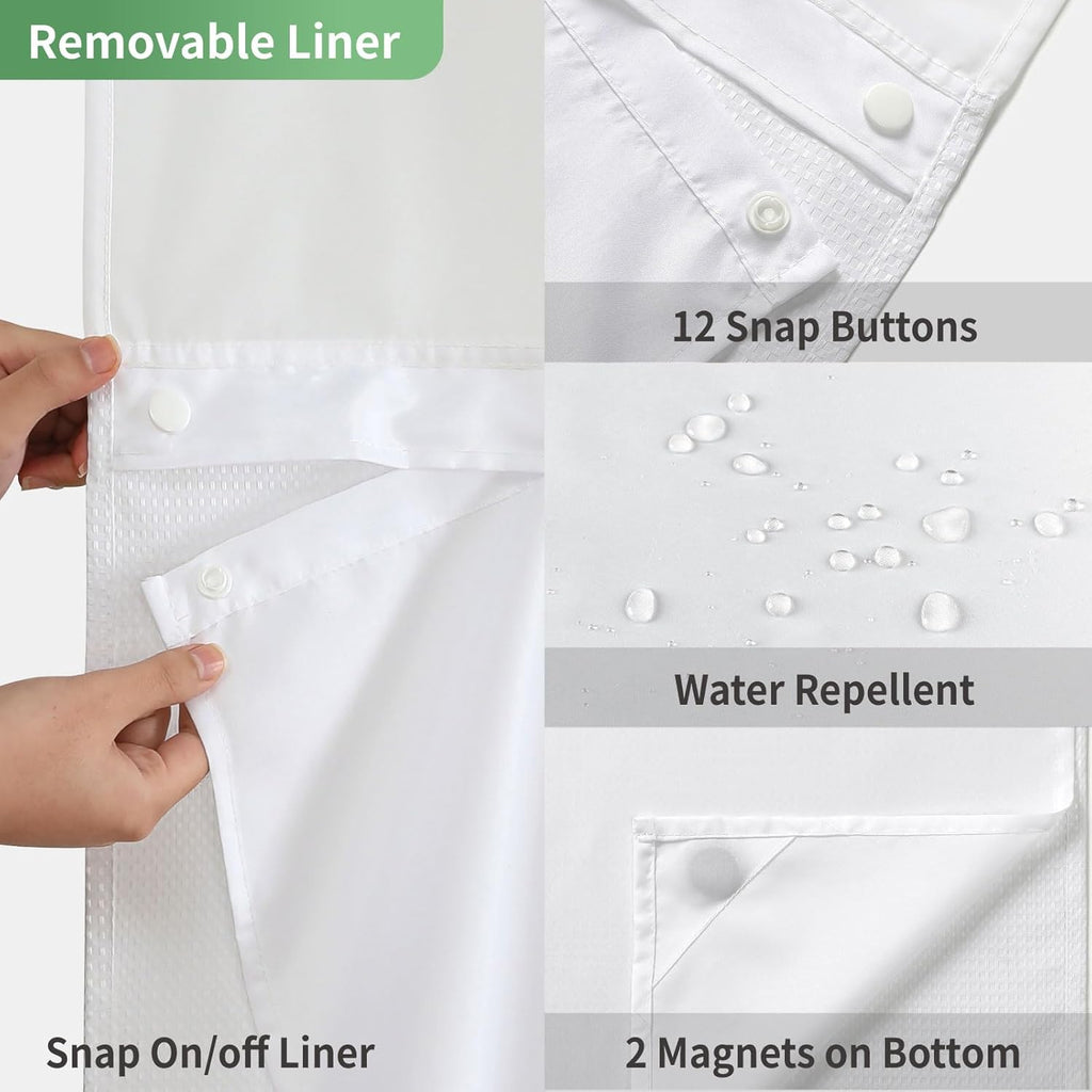 No Hook Waffle Weave Shower Curtain with Snap-in Fabric Liner Set,White Shower Curtains with See Through Top