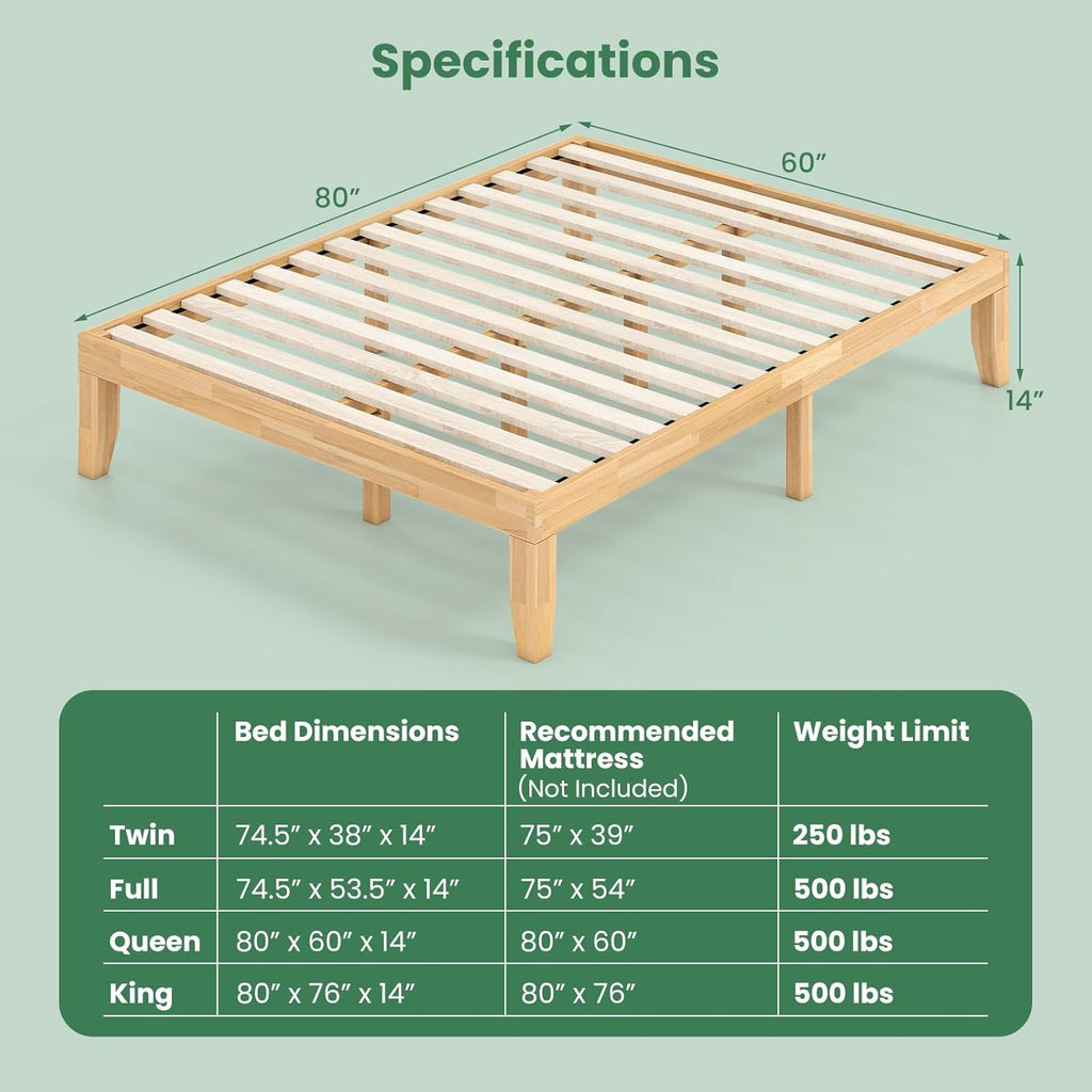 14 Inches Wood Platform Bed Frame Queen, Wooden Mattress Foundation with Rubber Wood Frame, Strong Wooden Slats