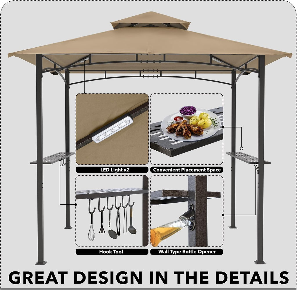 8 x 5 Grill Gazebo Outdoor BBQ Gazebo Canopy with 2 LED Lights (Khaki)