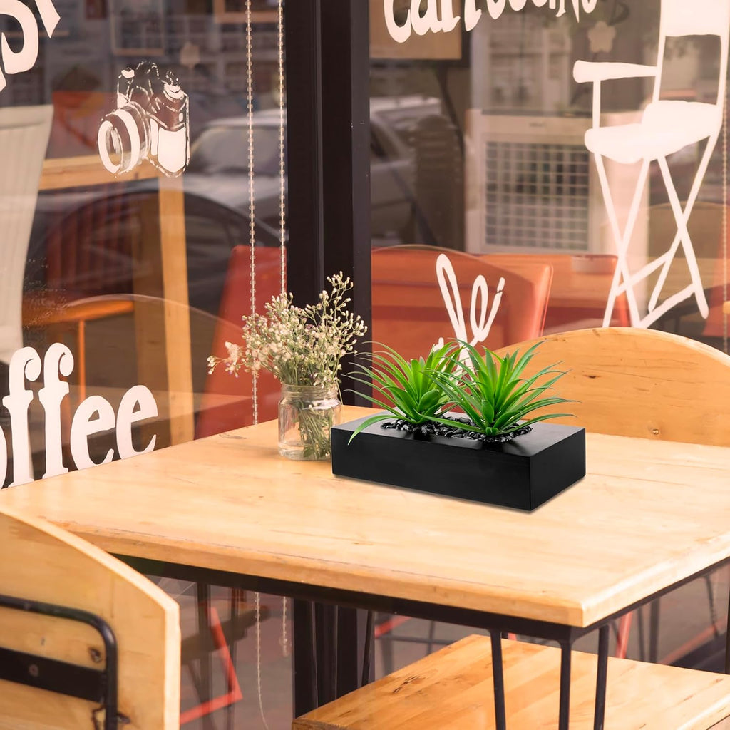 10 Inch Fake Grass Artificial Plants in Rectangular Black Wood Planter - Faux Plants Indoor for Tabletop Centerpiece