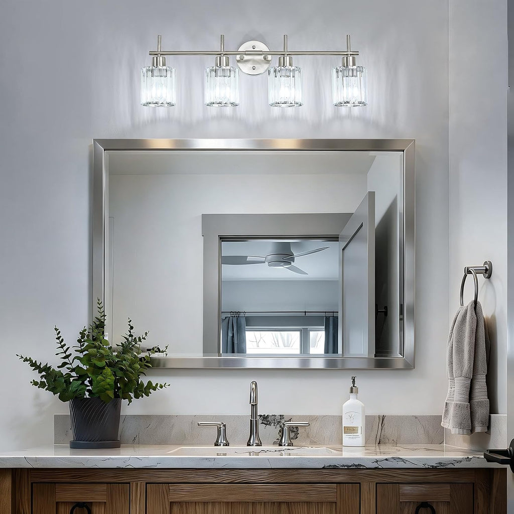 Brushed Nickel Bathroom Light Fixtures, Round, 4-Light | Vanity Lights with Crystal Shades, Modern Bathroom Lighting