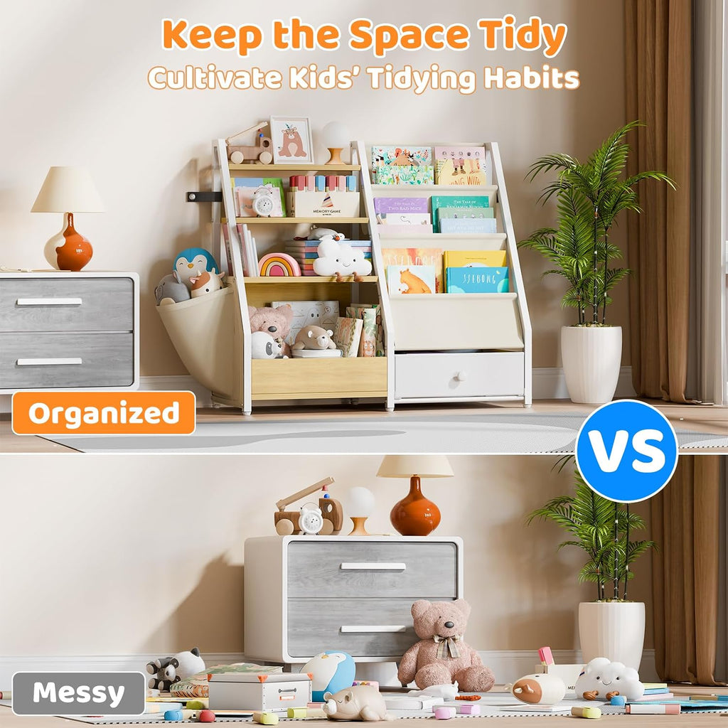 Kids Bookshelf and Toy Storage - Toddler Baby Bookcase | Book Shelf for Kids Rooms, Montessori Toy Organizer