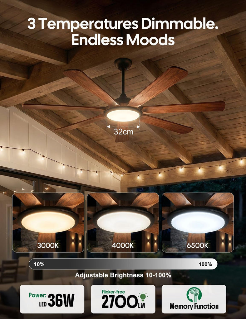72 inch Smart Wood Ceiling Fan with Large Light, Remote/Alexa/App Control, Farmhouse 7 Solid Walnut Blades