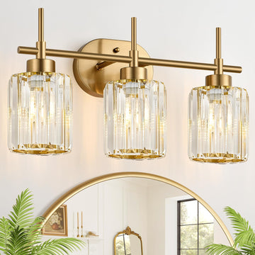 Modern Crystal Bathroom Vanity Light, 3-Light Brushed Gold Bathroom Light Fixtures with Clear Shades, Vanity Lighting
