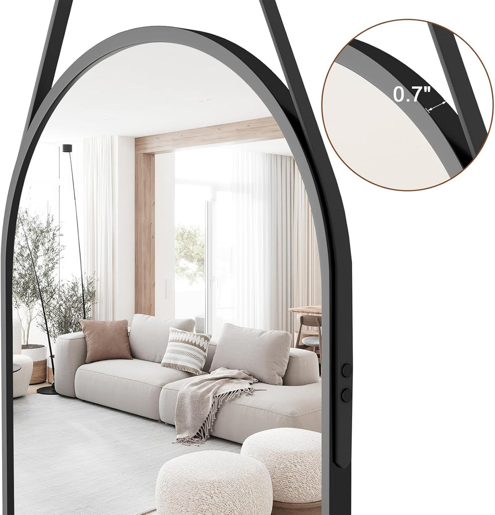 Full Length Mirror, Oval Wall Mounted Mirror, 48"x16" Door Mirrors Full Length with Hanging Leather Strap with Aluminum Frame for Bathroom Living Room Entryway (Black)