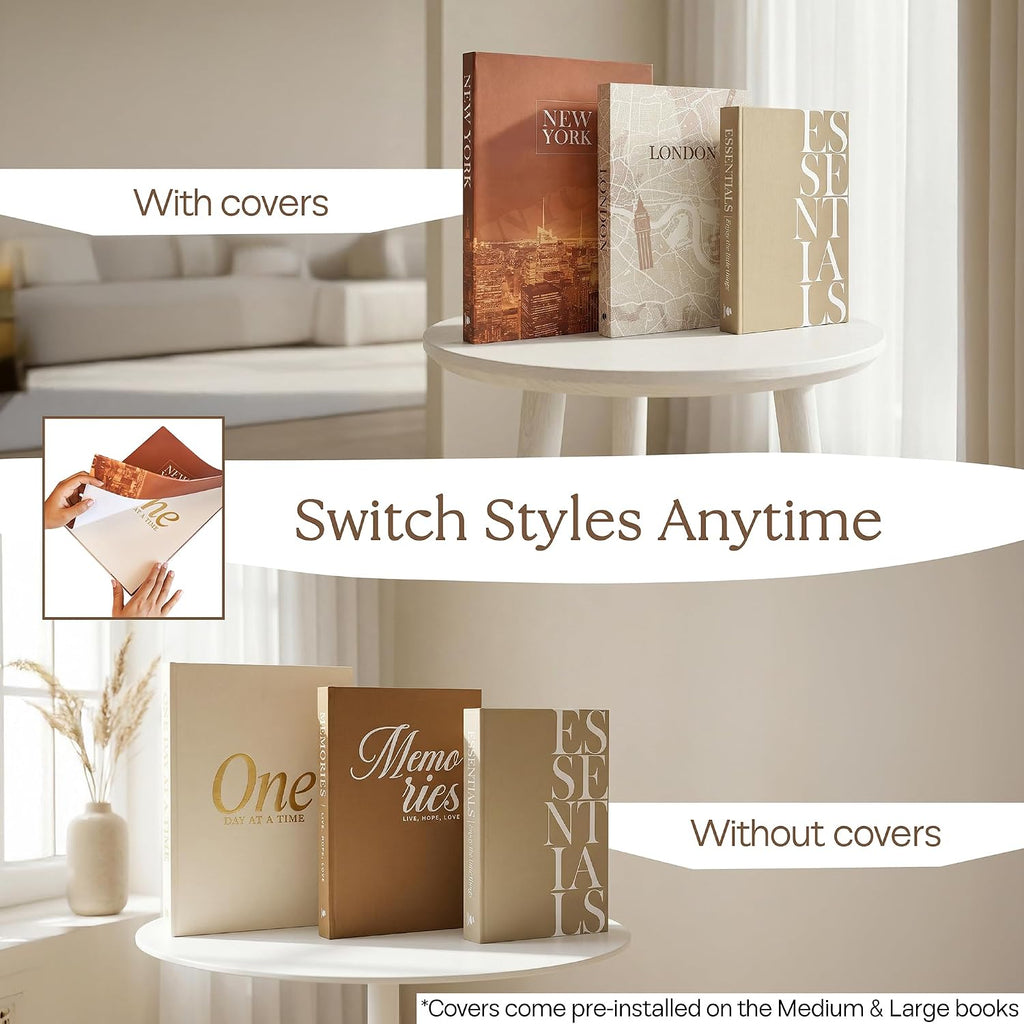 Linen Decorative Books Decor - Aesthetic Set of 3 Beige Fake Books for Coffee Table Decor with Faux Book Box Storage