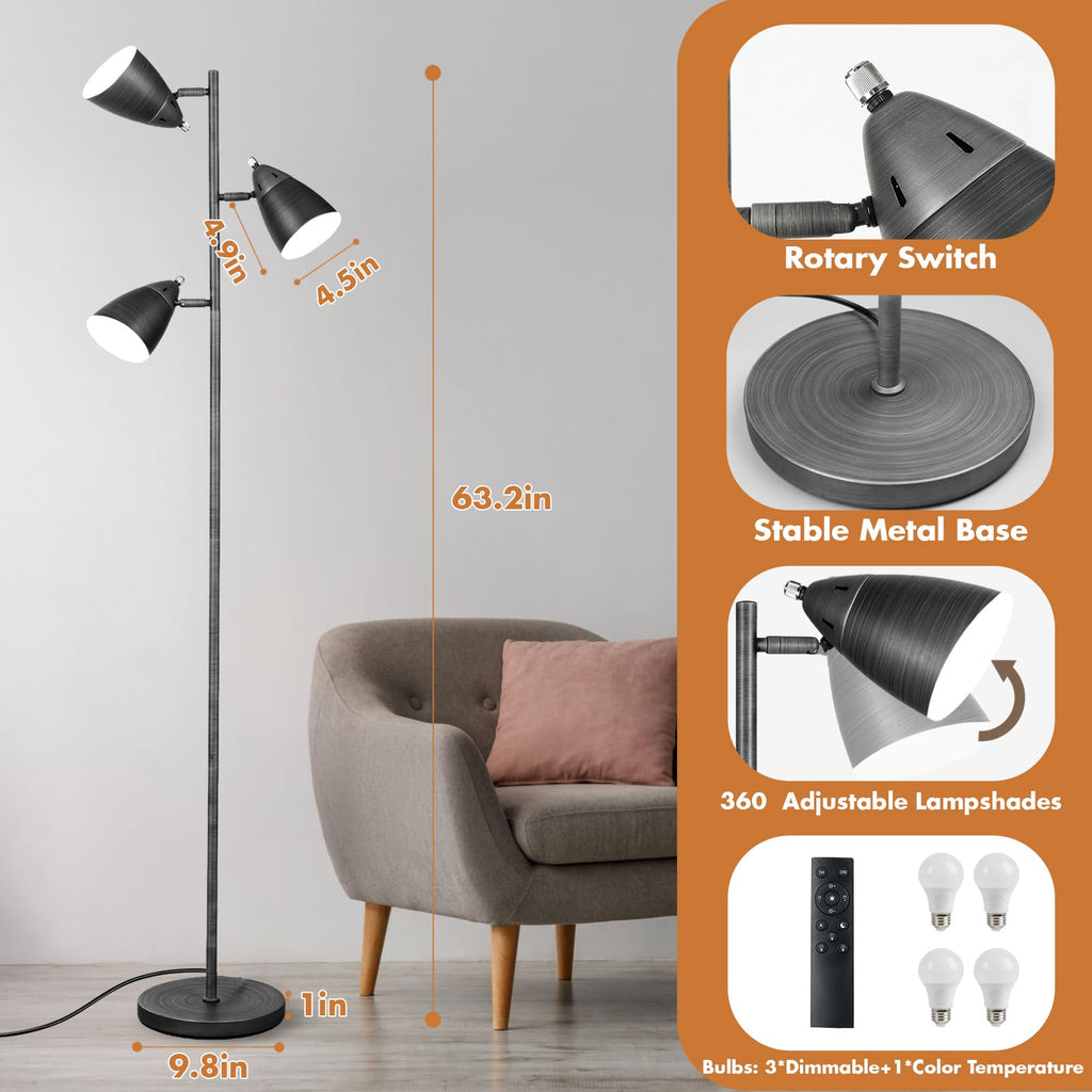 Tree Floor Lamp Industrial 3-Light Floor Lamp Remote
