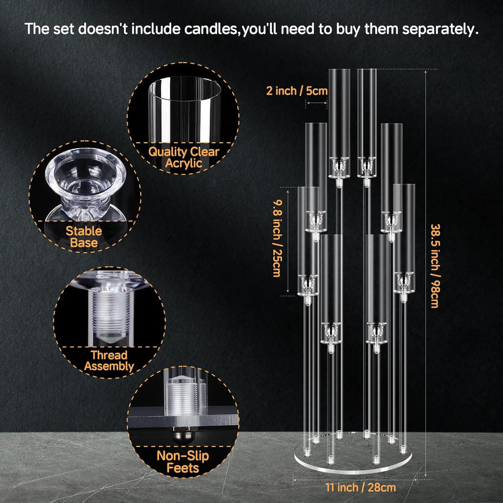 2 Set of 8 Arms Acrylic Candelabra Centerpieces,38.5'' Tall Clear Candlesticks Holder with Acrylic Shade for