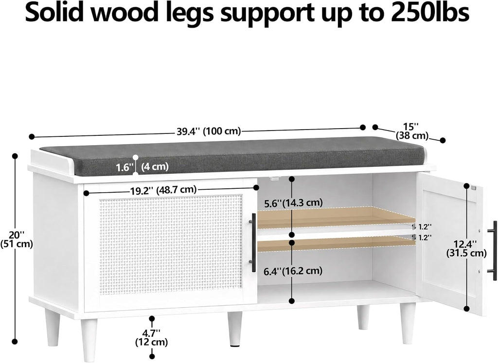 Rattan Shoe Storage Bench with Cushion, 2-Tier Entryway Bench with Adjustable Shelves and 2 Doors, 15" D x 39.4" W x
