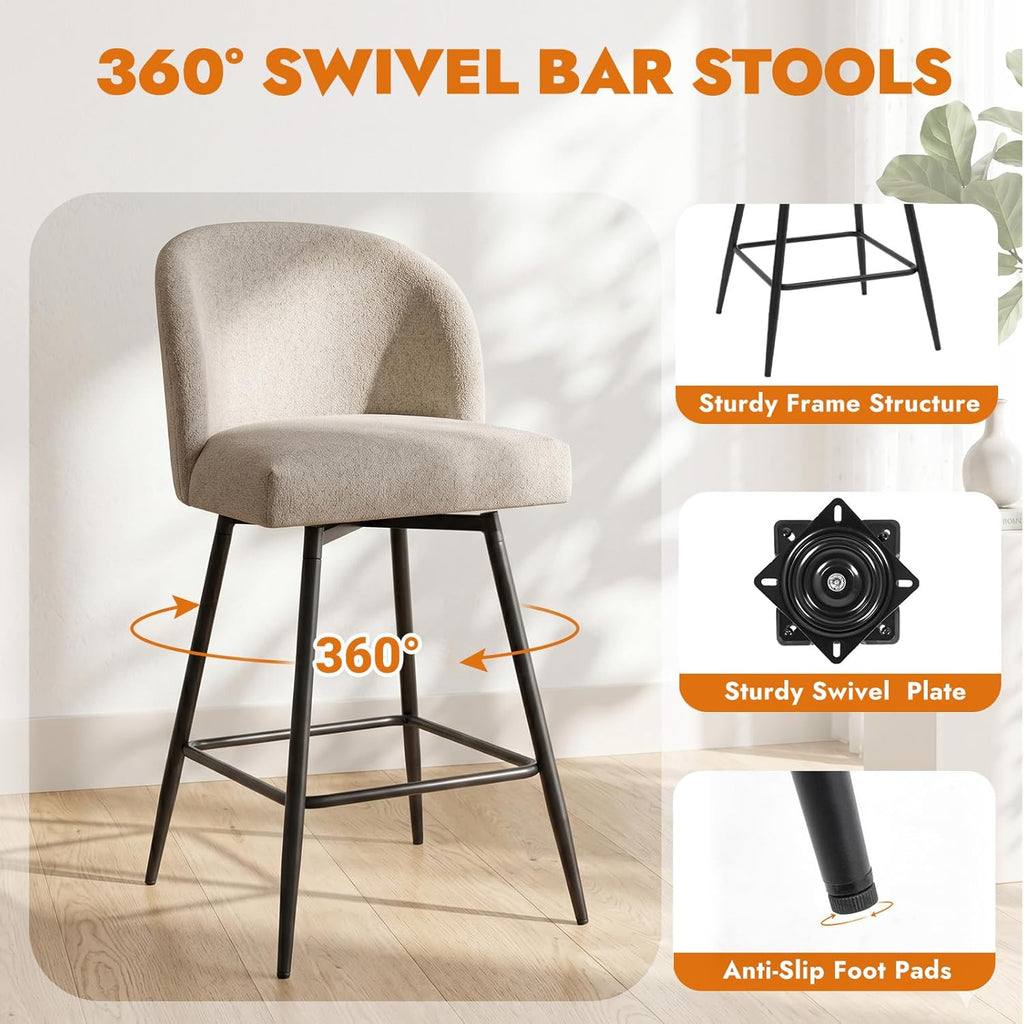 Counter Height Bar Stools Set of 2, 360° Swivel Upholstered Barstools with Backs and Metal Legs, 26" H Seat Height