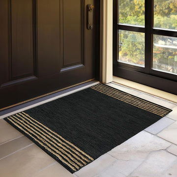 Jute Area Rug 2x3ft - Natural Fiber Black Rectangular Leather Handwoven Boho Farmhouse Soft Braided 