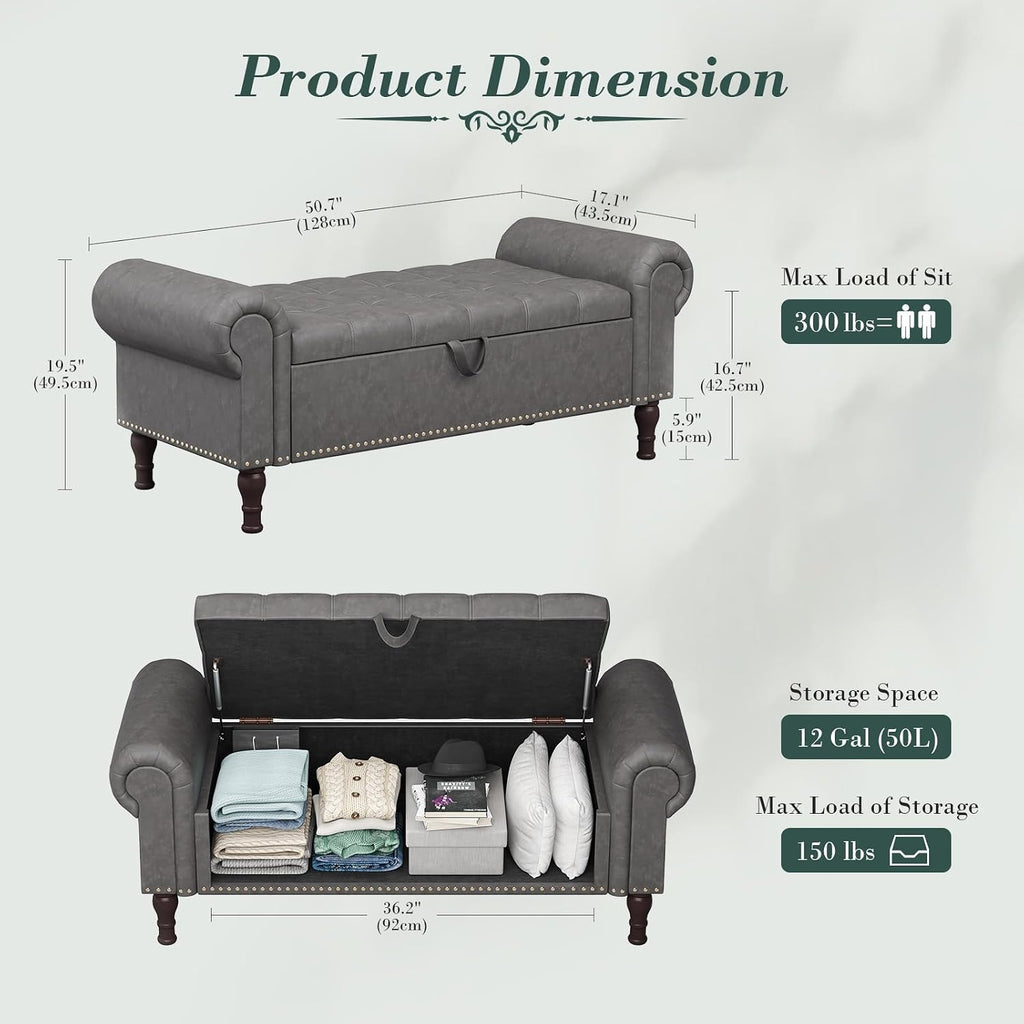 51" Bench with Storage, Upholstered Tufted Button Bedroom Bench with Storage, Faux Leather End of Bed Bench with