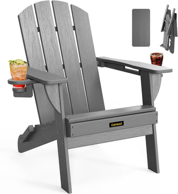 Folding Adirondack Chair, Wooden Textured Plastic Adirondack Chairs with 2 Cup Holder, Weather Resistant HDPE Fire