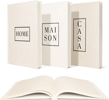 Linen Neutral Coffee Table Books Set of 3,Fashion Designer Hardcover Blank Book Stack, Modern Decorative Books Decor