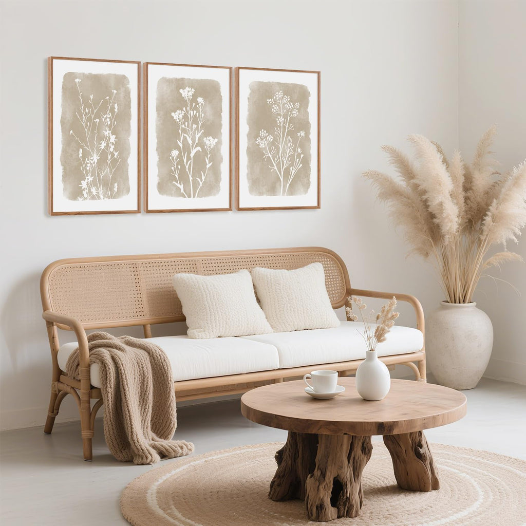 Neutral Botanical Wall Art Set of 3, arge Framed Boho Farmhouse Flower Wall Decor, Modern Minimalist Floral