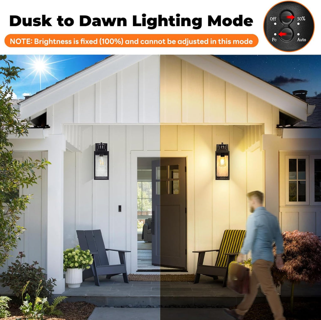 Motion Sensor Outdoor Lights Fixture, Dusk to Dawn Exterior Porch Light Wall Mount with Water-Rippled Glass