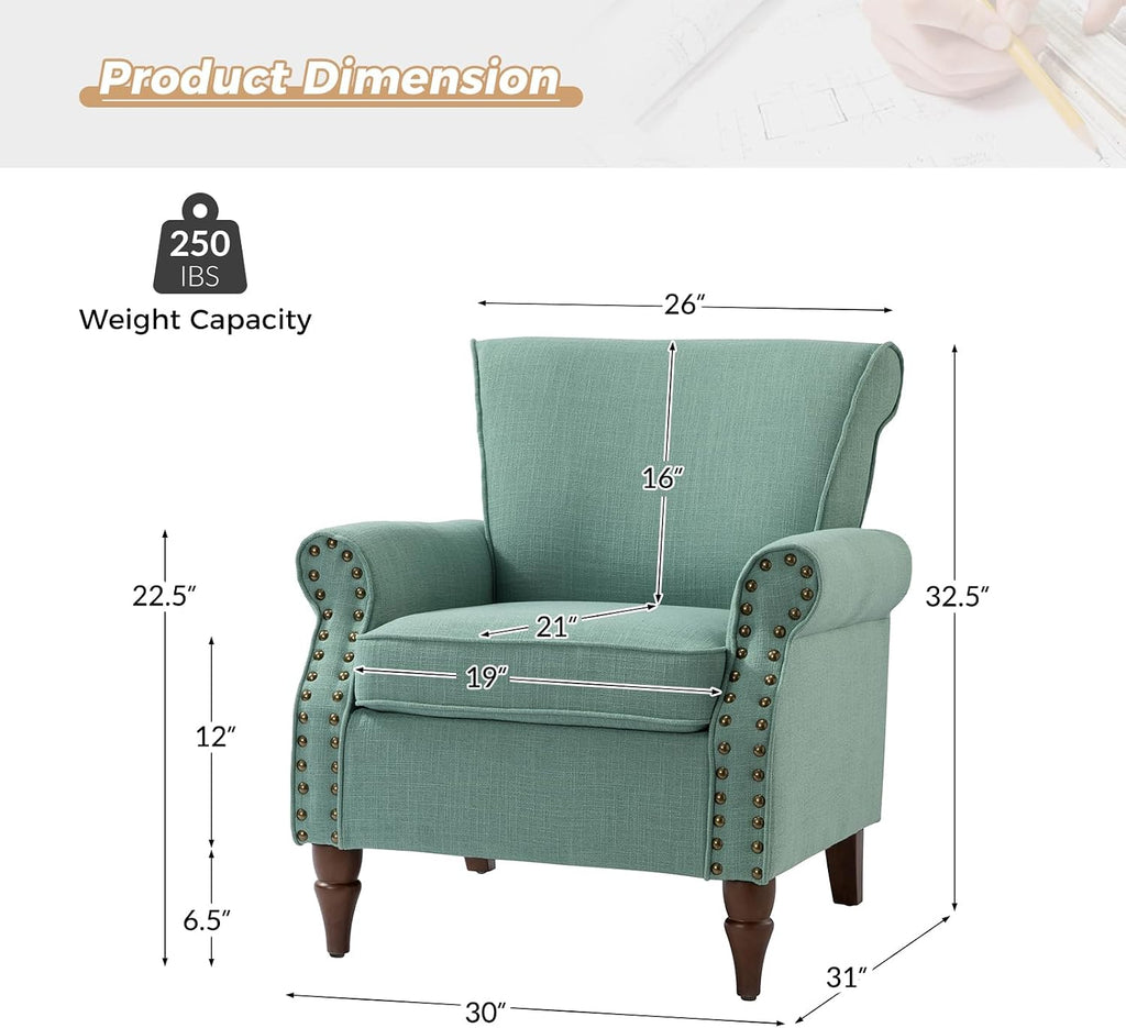 Accent Chair with Wood Legs & Removable Cushion, Modern Wingback Armchair with Nailhead Trim, Comfy Upholstered