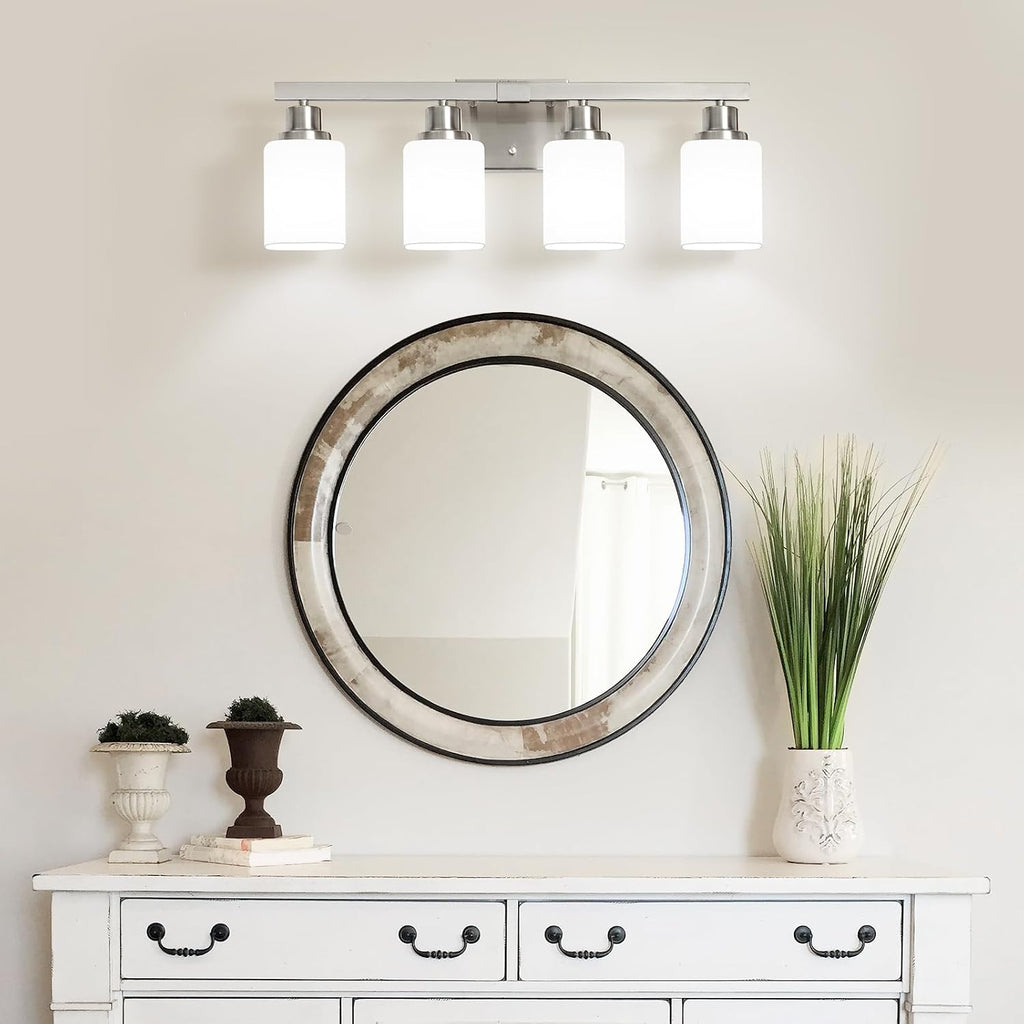 4-Light Bathroom Vanity Light,Brushed Nickel Vanity Lights with Square Frosted Glass,Modern Bathroom Wall Lights
