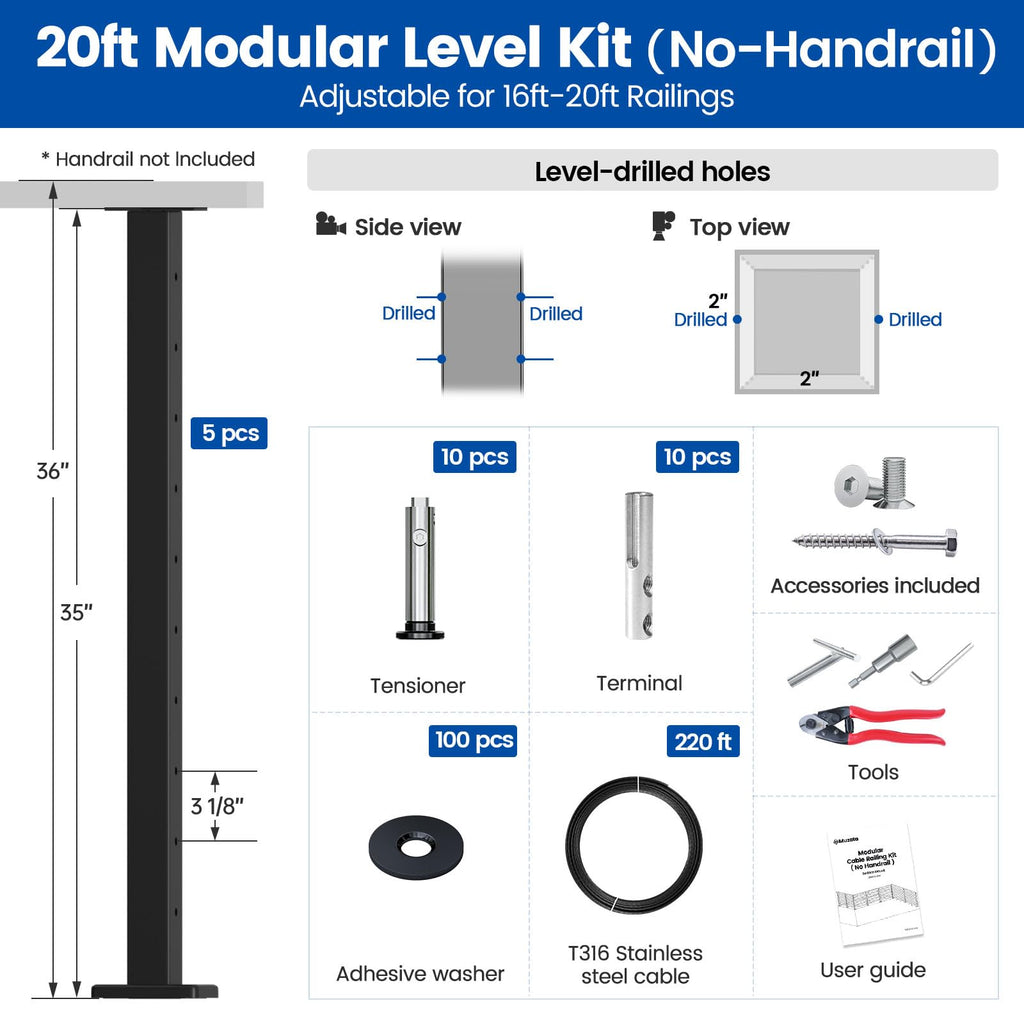 16-20ft Modular Cable Railing Kit for Deck Surface Mount 36in RW17