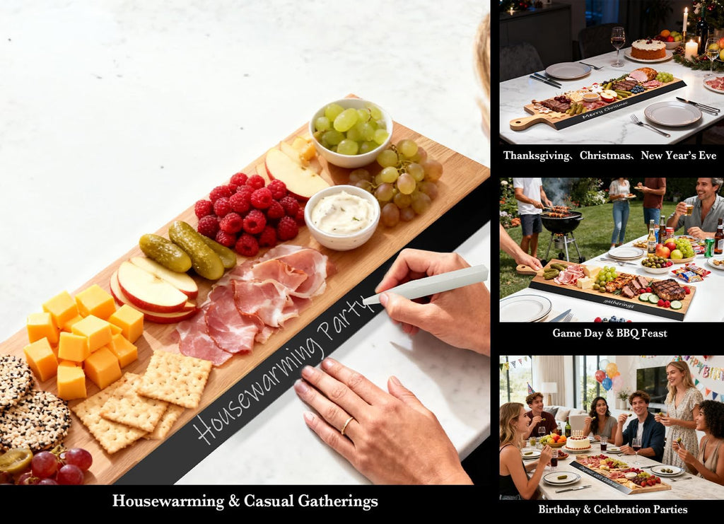 32" Acacia Charcuterie Board with Handle - Extra Long Serving Platter with Chalkboard Edge for Cheese, Meat &