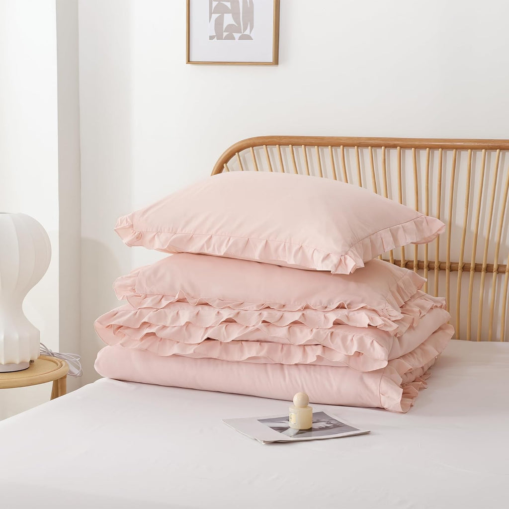 Soft Fluffy Comforter Set 3PCS (1 Ruffled Blush Comforter Set and 2 Pillowcases) Vintage Shabby Chic Bedding
