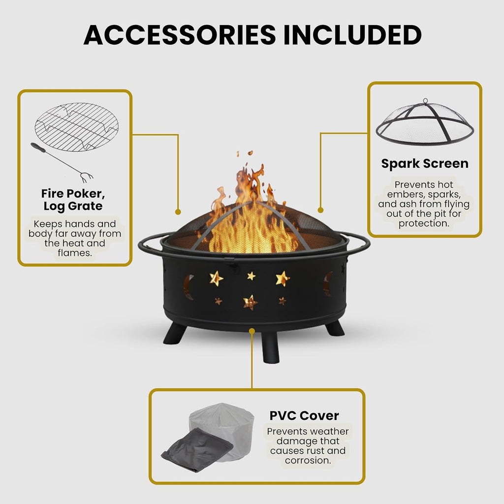 Fire Pit - 32-Inch Outdoor Wood Burning Firepit with Screen, Poker, and Cover - Outdoor Fire Pits for Backyard, Deck, or Patio by (Black) - Image 4