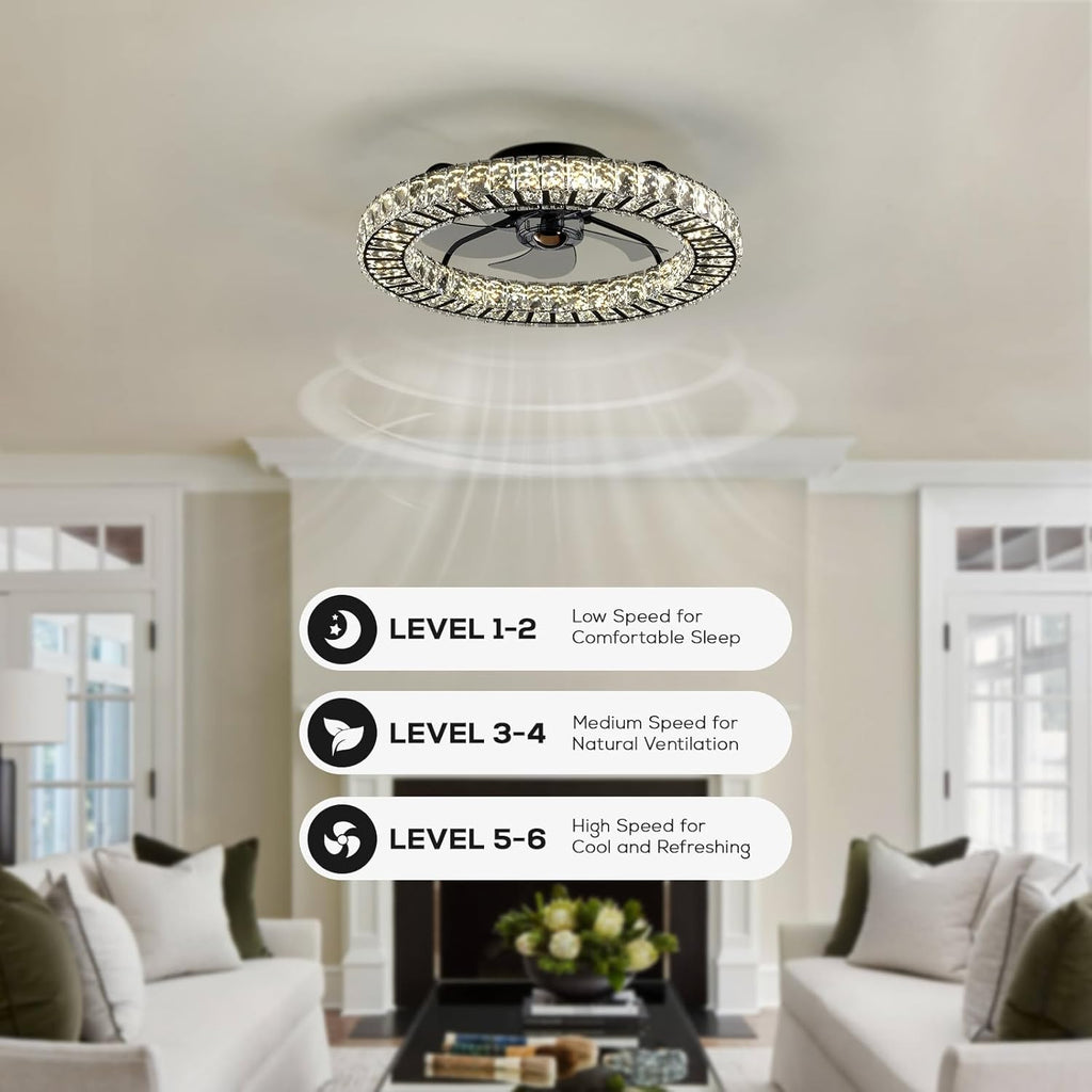Crystal Ceiling Fan with Light and Remote, 22" Luxury Dimmable Chandelier Ceiling Fan, Modern LED Fan