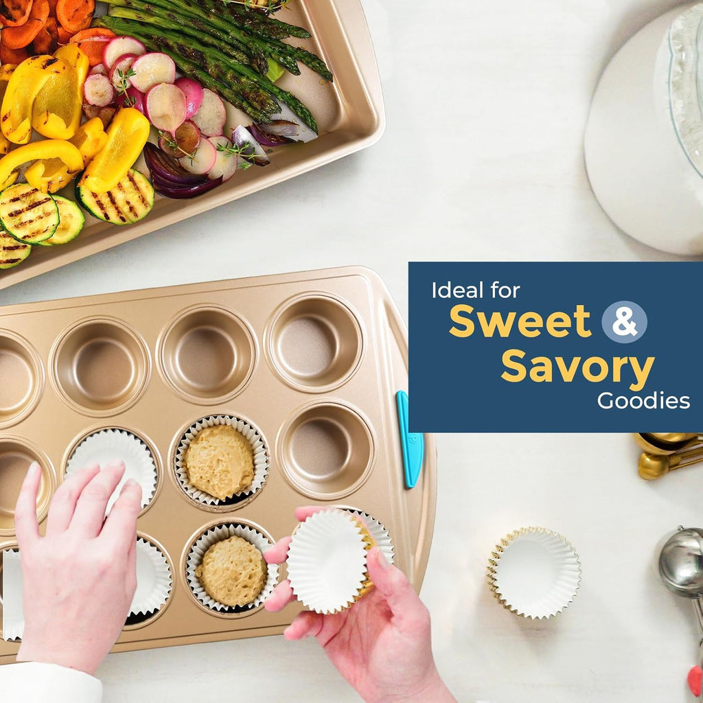 Kit: Nonstick Gold Steel Oven Set - 10 Pieces, Cookie Sheets, Cake Pans, 9x13Pan with Lid, Loaf & Deep Pans, Pizza
