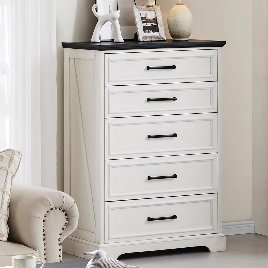 Farmhouse 5 Drawers Dresser Chests , Antique White | 46" Tall, Wood Rustic Chest of Drawers, Wide Metal Handle