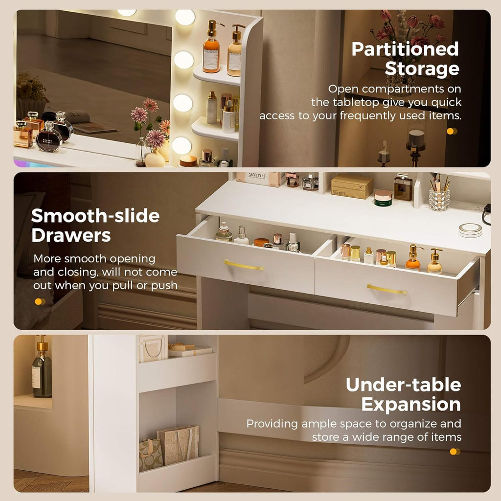 Vanity Desk with LED Lights Mirror & Charging Station, White Makeup Vanity with Storage Drawers and Shelves, Modern
