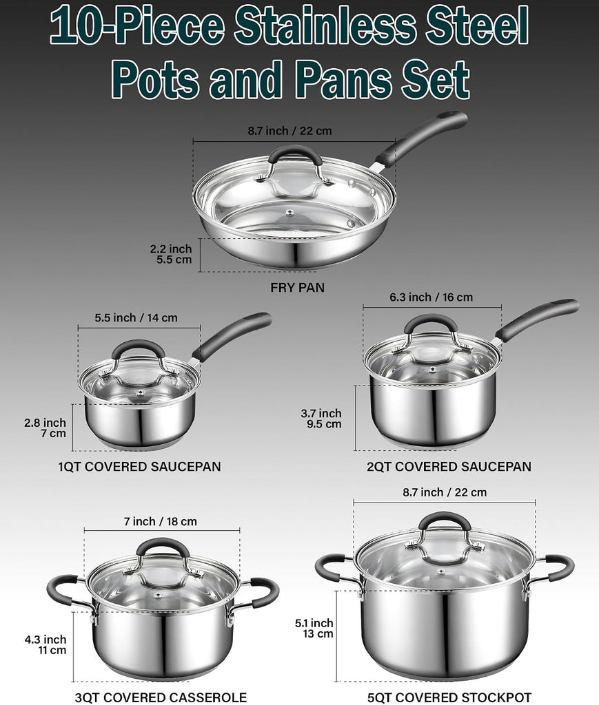 Professional Stainless Steel Cookware Set, 10-Piece | Pots and Pans Kitchen Cooking Set with Stay-Cool Handles
