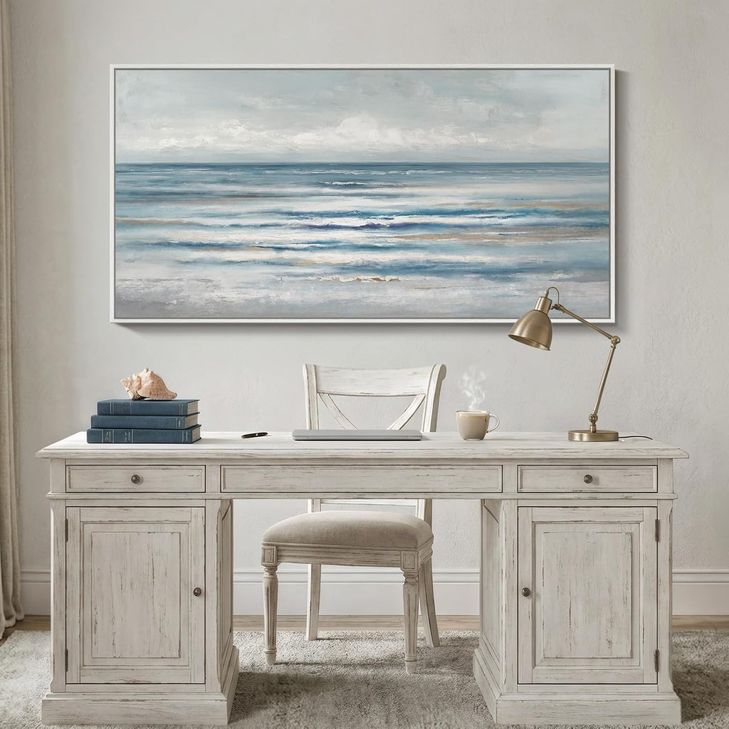 Large Framed Coastal Abstract Landscape Wall Art , Horizontal Beach Wave Scenic Canvas Artwork for Walls, Ocean