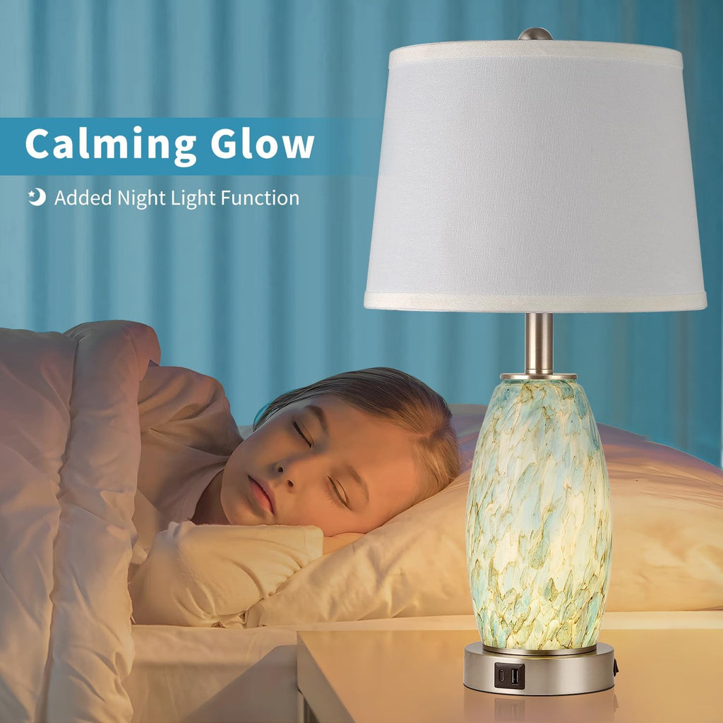 Glass Table Lamp with 3-Way Lighting Modes & USB C+A - Coastal Modern Style Nightstand Lamp Decoration (23.5" H)