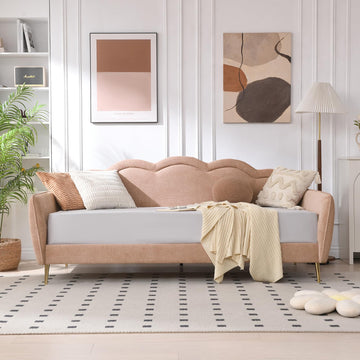 Twin Size Upholstered Daybed with Cloud-Shaped Backrest, Modern Linen Sofa Bed with Metal Legs, Wood Slat Support