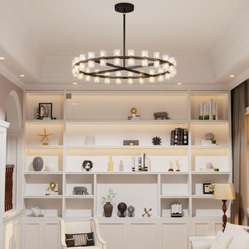 Inspired Arcachon Style Round Wagon Wheel Chandelier, 40" 40-Light Black, Crystal Shades — Foyer, Dining & Living Room
