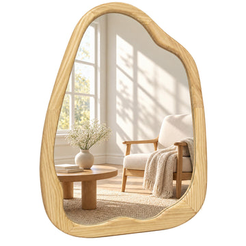 24x32 Inch Natural Wood Irregular Wall Mirror, Asymmetrical Frame