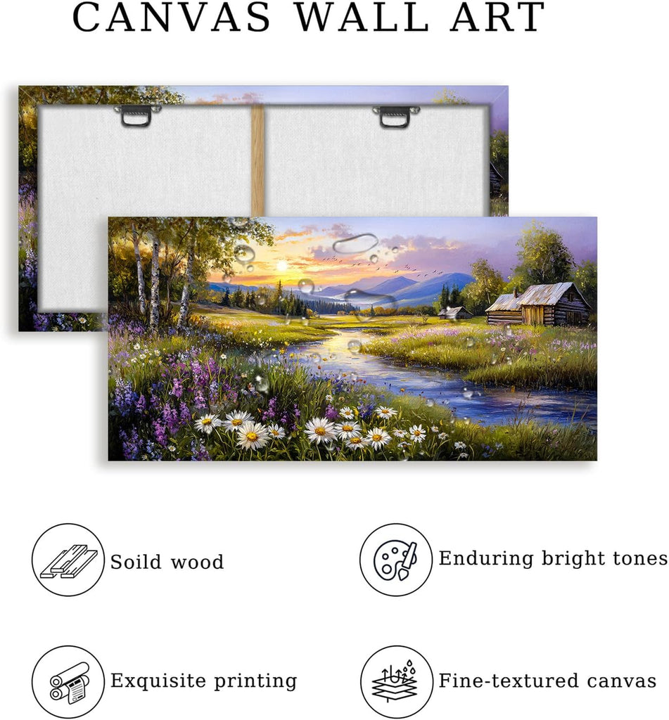 Large Wall Art Prints, Rural Landscape Wall Decor, Meadow Wildflower Canvas Painting, River Cottage Pictures Home