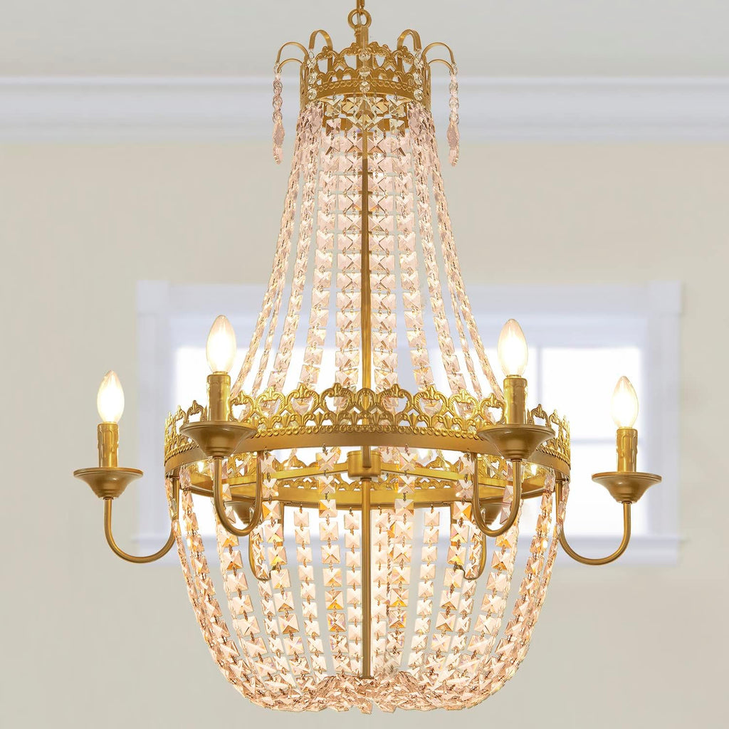 French Empire Crystal Chandelier Modern Adjustable Hanging Pendant Ceiling Mount Light Fixture for Hallway Dining Living Room Bedroom Foyer, H 38.2" x W 31.5", Gold, 6-Light, E12 Base A108-B0B8M347GN